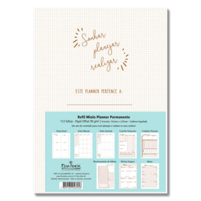 Refil Planner Permanente Caderno Argolado Fina Ideia 16,2x23,5cm 103 folhas 90g