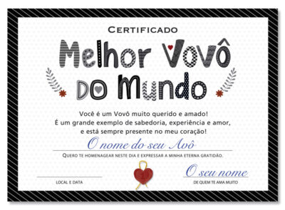 Cartão Certificado Melhor Avô Letras Fina Ideia 15x21cm com envelope