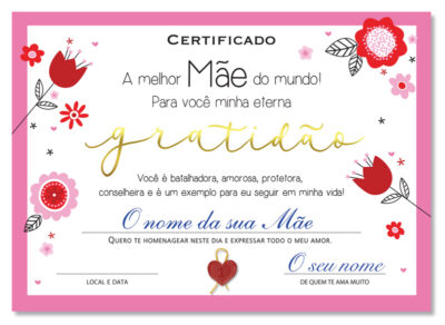 Cartão Certificado Melhor Mãe Gratidão Fina Ideia 15x21cm com envelope
