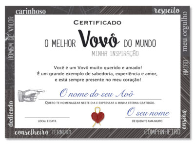 Cartão Certificado Melhor Avô Inspiração Fina Ideia 15x21cm com envelope
