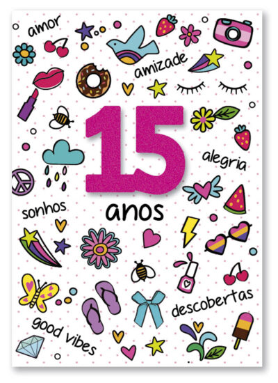 Cartão Artesanal 15 Anos Colorido Fina Ideia 11x15,5cm com envelope