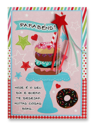 Cartão Artesanal Aniversário Donuts Fina Ideia 11x15,5cm com envelope