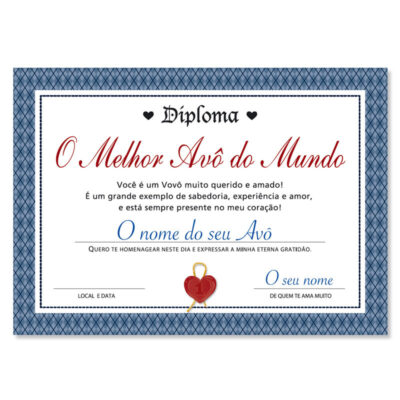 Cartão Certificado Melhor Avô Fina Ideia 15x21cm com envelope