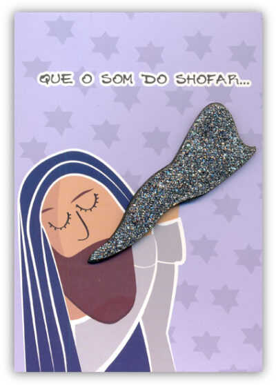 Cartão Artesanal Judaico Shofar Fundo Azul Fina Ideia 11x15,5cm com envelope