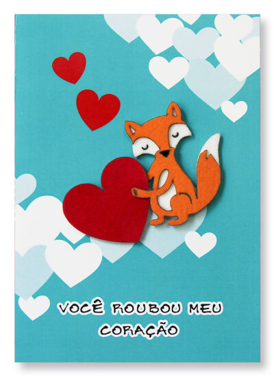 Cartão Artesanal Romântico Raposa Coração Fina Ideia 11x15,5cm com envelope