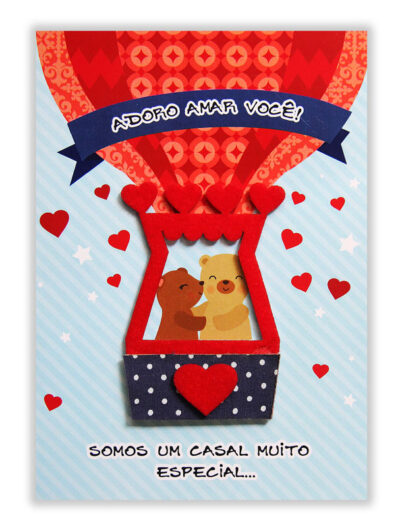 Cartão Artesanal Romântico Casal Ursinhos Fina Ideia 11x15,5cm com envelope