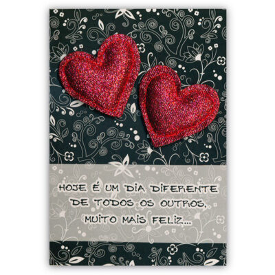 Cartão Artesanal Romântico 2 Corações Gliter Fina Ideia 11x15,5cm com envelope