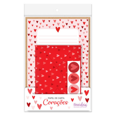 Papel de Carta Fina Ideia Corações 15,5x23cm – 4 unid. com envelopes e adesivos