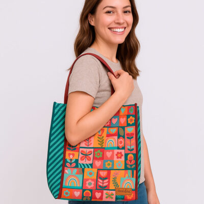 Bolsa Tote Fina Ideia Arco-Íris 36x26x11cm com bolso interno e zíper