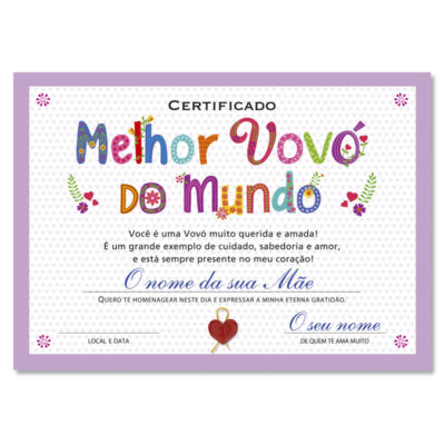Cartão Certificado Melhor Avó Letras Fina Ideia 15x21cm com envelope