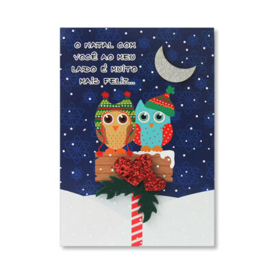 Cartão Artesanal Natal Casal Corujas Fina Ideia 11x15,5cm com envelope