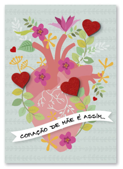 Cartão Artesanal Mãe Coração Flores Fina Ideia 11x15,5cm com envelope