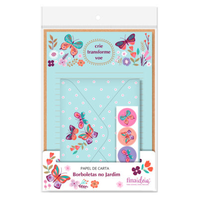 Papel de Carta Fina Ideia Borboletas no Jardim 15,5x23cm – 4 unid. com envelopes e adesivos