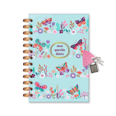 Diário com Chave Fina Ideia Borboletas no Jardim 11,8x17,5cm 84 folhas capa protetora