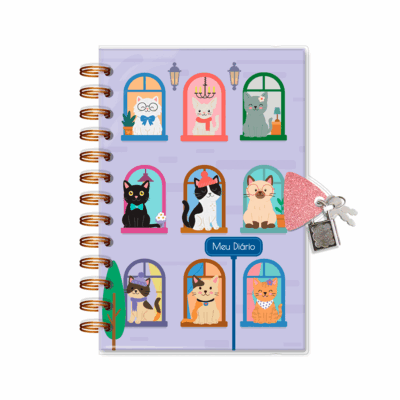 Diário com Chave Fina Ideia Gato na Janela 11,8x17,5cm 84 folhas capa protetora