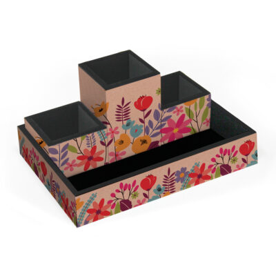 Organizador de Mesa Fina Ideia Floral Kraft com 4 peças em MDF