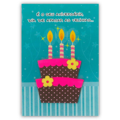 Cartão Artesanal Aniversário Bolo Azul Fina Ideia 11x15,5cm com envelope