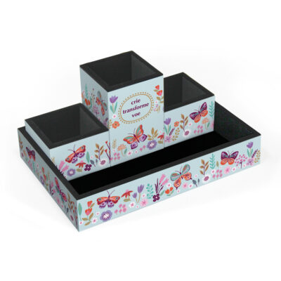 Organizador de Mesa Fina Ideia Borboletas no Jardim com 4 peças em MDF