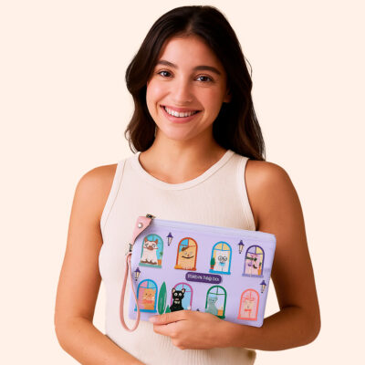 Bolsa Flat Mini Fina Ideia Gato na Janela 19x14x1cm com zíper e alça