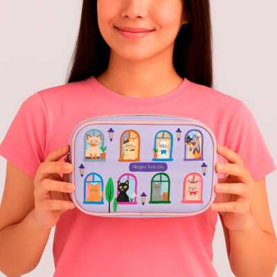 Estojo Box 100 Fina Ideia Gato na Janela 21x14x9cm com divisória e 25 nichos elásticos