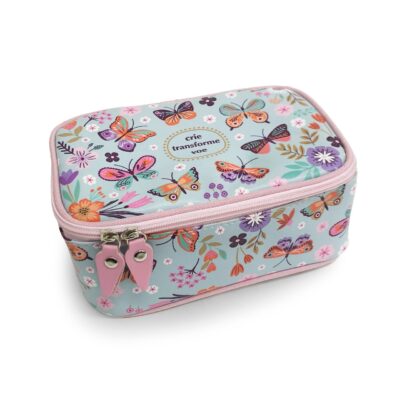 Estojo Box 100 Fina Ideia Borboletas no Jardim 21x14x9cm com divisória e 25 nichos elásticos