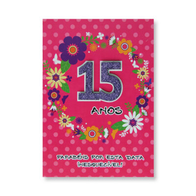 Cartão Artesanal 15 Anos Flores Fina Ideia 11x15,5cm com envelope