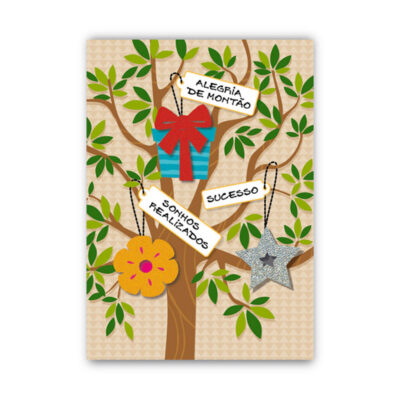 Cartão Artesanal Felicitações Árvore Tags Fina Ideia 11x15,5cm com envelope