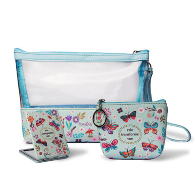 Kit Nécessaire 3 Peças Fina Ideia Borboletas no Jardim com espelho