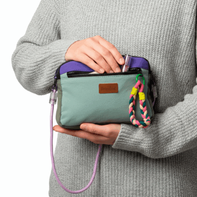 Bolsa Alça de Corda Fina Ideia Azul Claro, Roxo e Cinza 21,5x15,5x7cm