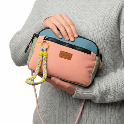 Bolsa Alça de Corda Fina Ideia Rosa, Azul e Verde 21,5x15,5x7cm