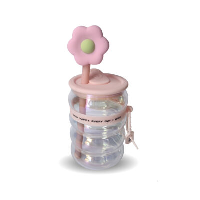 Copo Flor Rosa Fina Ideia 480ml com canudo